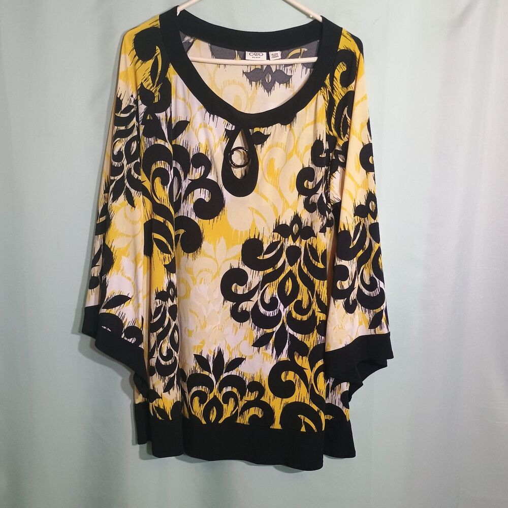 Cato Black Yellow Abstract Floral Print Tunic Top 3/4 Sleeve Boho Blouse